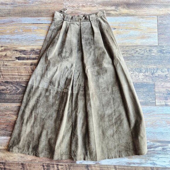 Vintage Harve Benard Holtzman Suede Pleated Maxi Skirt Pocket Olive Green - Picture 3 of 12